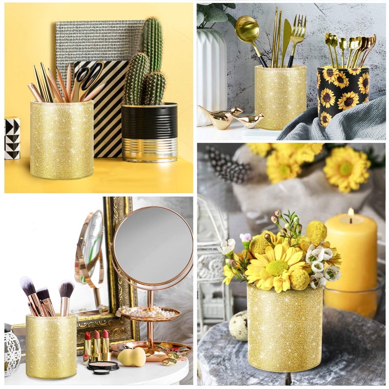 WAVEYU Gold Pencil Holder, Decorative Pens Holder for Desk, Makeup Brushes Organizer for Table, Large Pu Leather Multi-Functional Organizer Cup for Office, Classroom, Home, Champagne Gold - Image 2